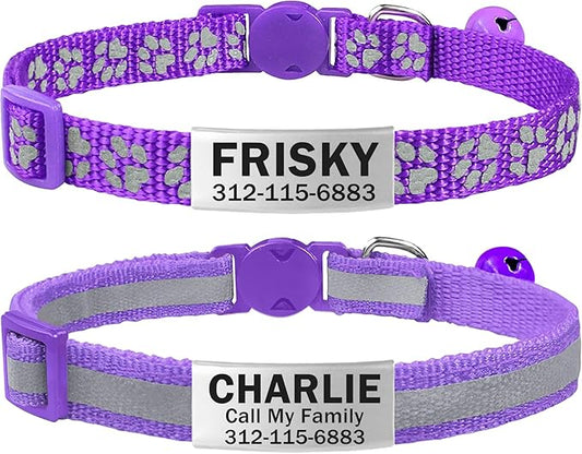 TagME 2 Pack Cat Collar with Name Tag, Personalized Reflective Cat Collar Breakaway with Bell for Boy & Girl Cats, Purple