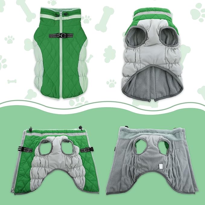 LeLePet Warm Dog Winter Coat, Waterproof, Fleece, Green, X-Small, Turtle Neck, Adjustable, Windproof, for All Breed Sizes