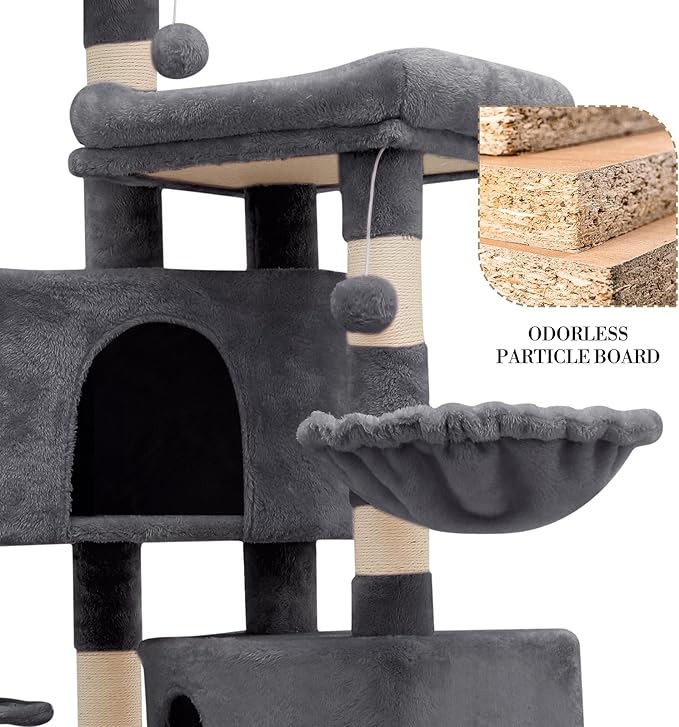 Athena Collection Cat Tree Tower, 58 Inch Tall Modern Cat Tree Claimbing Tower with Scratching Post 2 Condo 3 Hammocks Multi-Level Platform and Playing Ball for Indoor Large Adult, Dark Grey