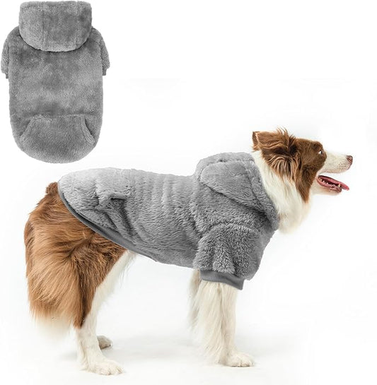 SCENEREAL Fuzzy Large Dog Sweater/Hoodie, Fleece Warm Sweatshirt with Hat and Pocket, Medium/Large Dog Clothes for Winter/Fall, Cute Male/Female Jacket with Leash Hole