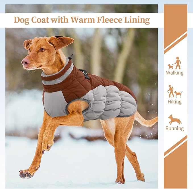 Winter Dog Coat,Large Dog Jacket,Waterproof Pet Jacket with Back Zipper,Pet Coat with Harness Built in,Warm Dogs Coat with Fleece Lined,Snow Jacket Clothes French Bulldog Shiba Inu,Brown,L