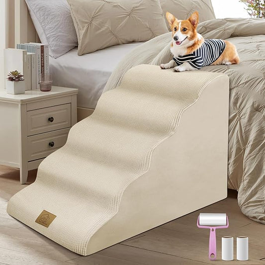 Mestuel 23in High Dogs Stairs, Foam Large Dogs Stairs for High Bed, Dog Stairs for Large Dogs, 5 Steps Dog Ramp to High Couch Sofa Bed Indoor with Gentle Slope& Nonslip Bottom, Lint Roller Set, Beige