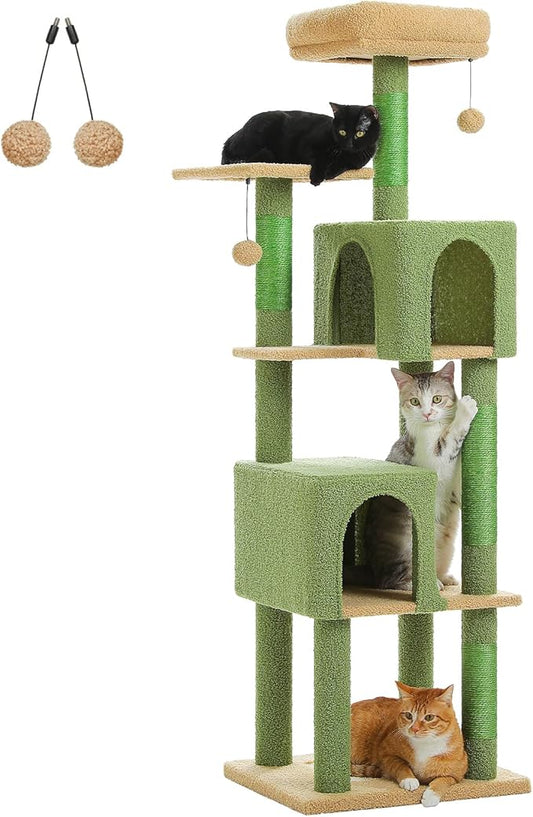 PAWZ Road Cactus Cat Tree Tower 62 Inches Cat Tree with 2 Condos,2 Large Perch,4 Scratching Posts & 1 Scratching Board, and 2 Hanging Balls for Indoor Cats