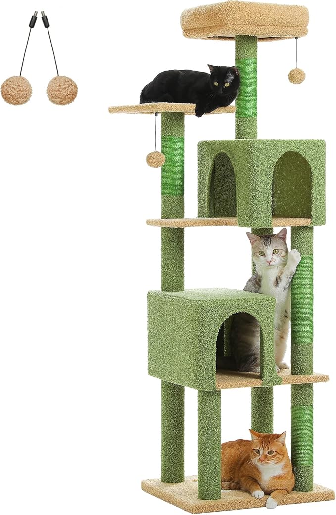 Cactus Cat Tree, 62-Inch Tall Multi-Level Cat Tower with Scratching Posts, Cat Condos for Large Indoor Cats, Plush Cat Bed w/Padded Perches, Scratching Pad & 2 Green Pompoms, Green