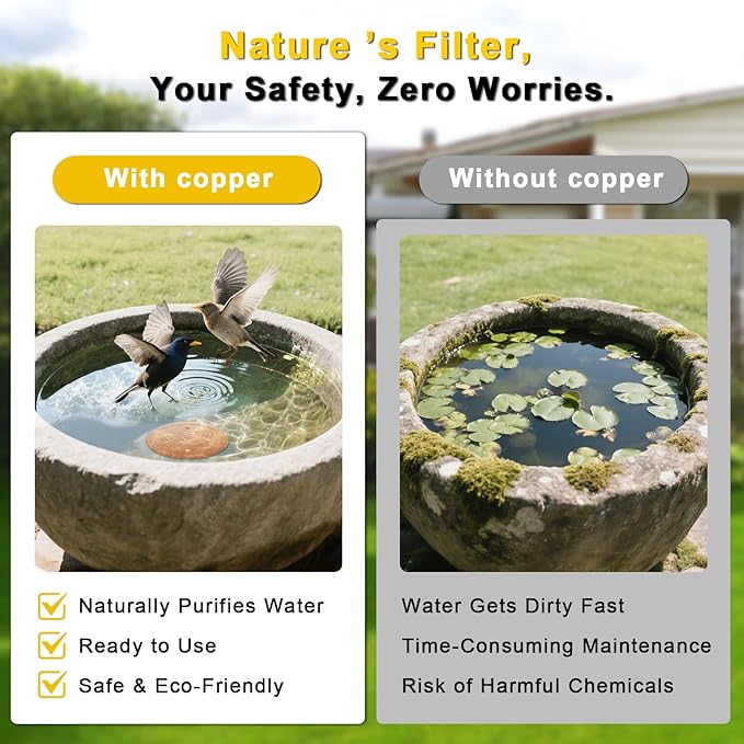 Bird Bath Cleaner Disk: 99.99% Pure Copper Water Purifier, 0.6mm Reinforced & 3-Point Support, All-Season Universal Fit for Outdoor Baths | Gift a Bird Bath Cleaning Guide