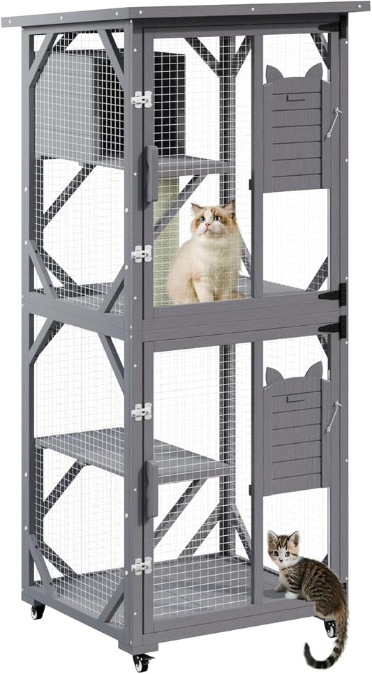 LEMBERI 71" Cat House Outdoor Catio Cat Enclosures on Wheels, Large Outside Patio Wooden Cat Cage Resting Box,Scratching Post, Waterproof Roof (Gray)