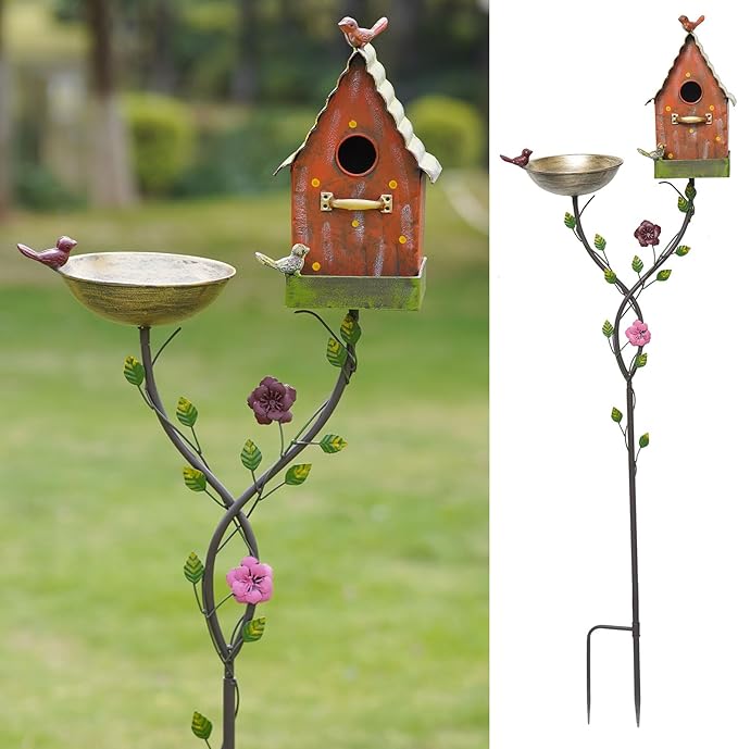 56" H Bird Baths for Outdoors,Metal Bird Bath,Birdhouse Garden Stakes,Birdhouses for Outdoors,Garden Yard Decor