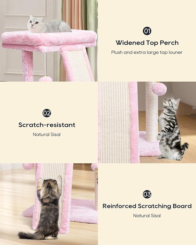 SYANDLVY Small Cat Tree with Scratching Board, Cat Scratching Post for Adults, Cat Scratcher for Indoor Cats, 2 Dangling Balls Great for Kittens