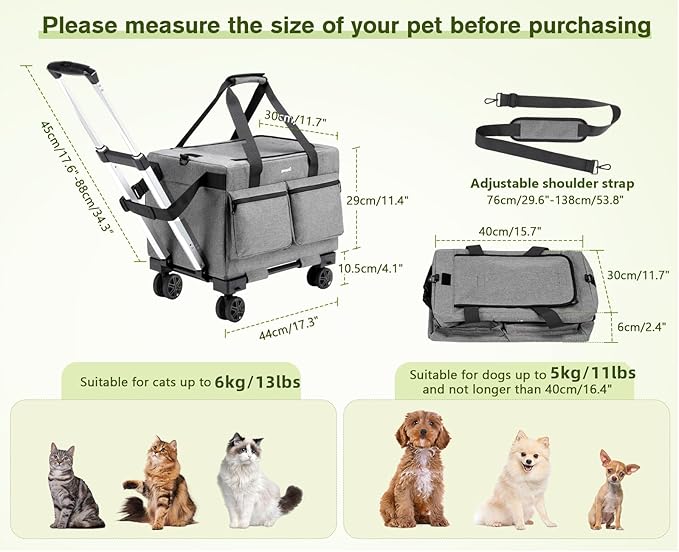 Pecute Cat Carrier with Wheels,Steel Wire Frame Cat Carrier, Stable Pet Trolley Bag for Cats, Pet Handbag and Stroller, Portable Cat Carrier Bag for Car Travel Bus Subway, Grey