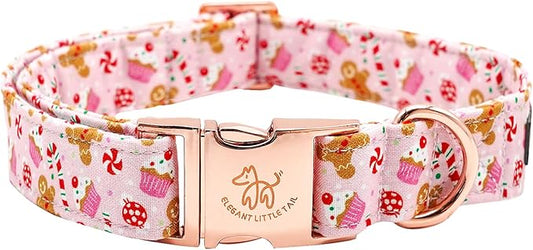 Elegant little tail Dog Collar, Christmas Pink Gingerbread Man Print Pet Collar Cute Dog Collars Male or Female Pet Gift Adjustable Dog Collar for Small Dogs
