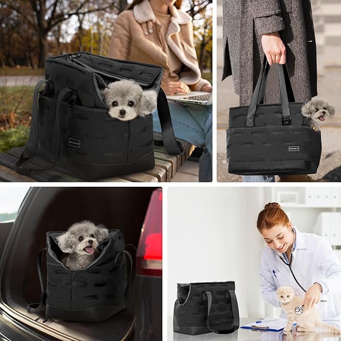 Petsfit Small Dog Purse Carrier, Portable Pet Carrier Tote Cat Carrier with Adjustable Safety Leashs, Pocket, Poop Dispenser, Waterproof TPU Bottom, Black