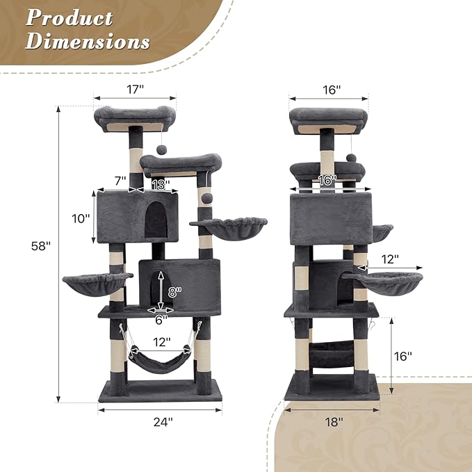 Athena Collection Cat Tree Tower, 58 Inch Tall Modern Cat Tree Claimbing Tower with Scratching Post 2 Condo 3 Hammocks Multi-Level Platform and Playing Ball for Indoor Large Adult, Dark Grey