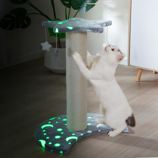 LUCKITTY Small Cat Scratching Post with Star Moon Design, Glow-in-The-Dark Fabric, 5 Plush Toys, Kitten Stratcher Tree Protecting Your Furniture,16 in Wide by 20 in High