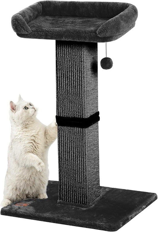 32" Cat Scratching Post for Indoor Cats, Sisal Cat Scratcher with Plush Perch, Large Scratch Post with Bed, Removable Cover, Sisal Fabric,Black