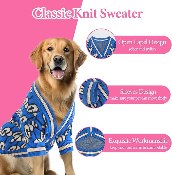 Dynamic Letter Patterned Button Cardigan Dog Sweaters,Boys' Dog Sweater,Girls' Dogs Sweaters,Knitted Pet Clothes,Pet Clothing,Fit for Kinds of Dogs and Different Seasons (Blue S)