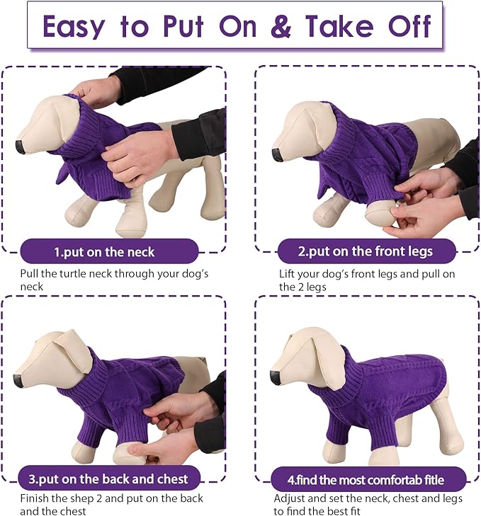 Queenmore Small Dog Pullover Sweater, Cold Weather Cable Knitwear, Classic Turtleneck Thick Warm Clothes for Chihuahua, Bulldog, Dachshund, Pug (Purple, Medium)