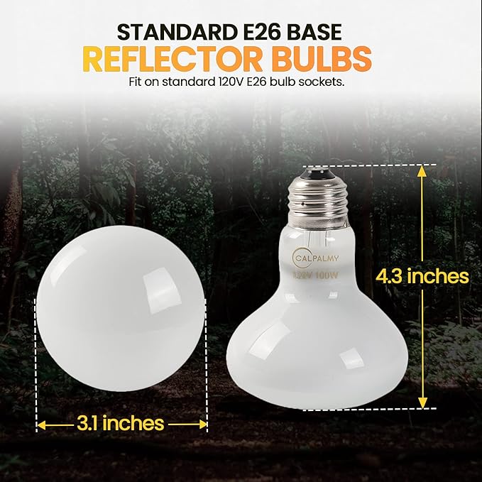 CALPALMY (4-Pack 100W Reptile Heat Lamp Bulbs - UVA Daylight Basking Light Bulbs for Reptiles, Turtles, Lizard, Bearded Dragon and Amphibians - 120V R80 Reflector Bulbs with E26 Screw Cap Base