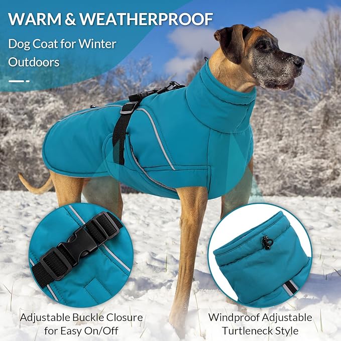 Queenmore XL Dog Coat, Winter Dog Jacket for Large Dogs, Waterproof Puffy Dog Snowsuit, Adjustable Reflective Fleece Lining Warm Padding Parka for Cold Weather, Blue XL
