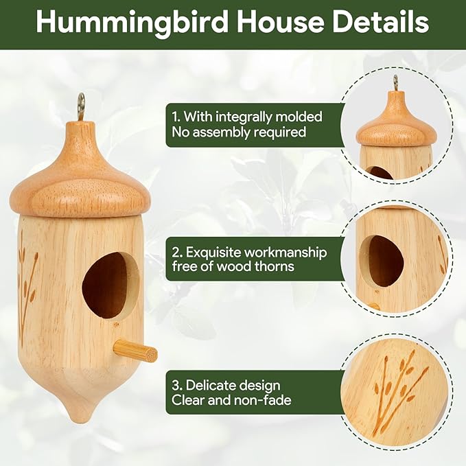 Hummingbird House, Wooden Hummingbird Houses for Outside Hanging, Humming Bird Nest Swinging, Wooden Bird Houses with Cotton, Bow, String, Gardening Gifts Decoration (3 Pack)