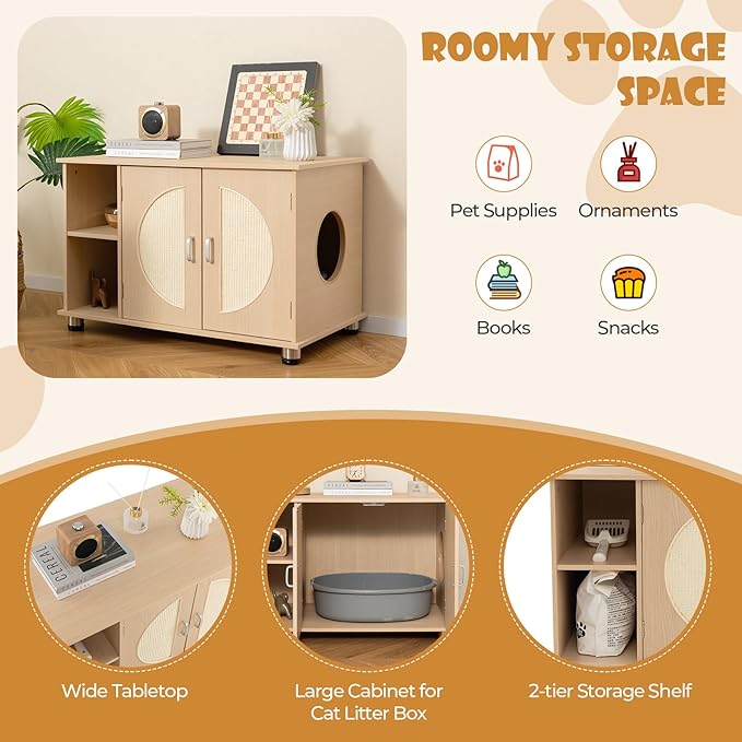 Tangkula Litter Box Enclosure, Hidden Cat Washroom with Storage Shelf, Sisal Scratching Doors, Adjustable Metal Feet, Modern Cat Litter Cabinet Storage Bench, Enclosed Litter Box Furniture (Natural)