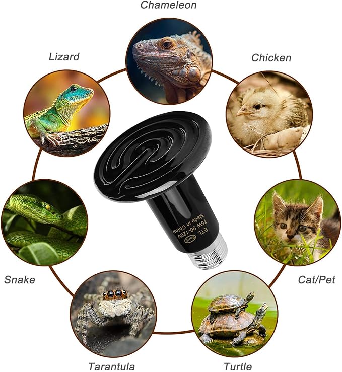WUHOSTAM 3 Pack 75W Black Ceramic Heat Lamp, Infrared Reptile Heat Emitter Heater Lamp Bulb for Pet Brooder Coop Chicken Lizard Turtle Snake Aquarium ETL Listed
