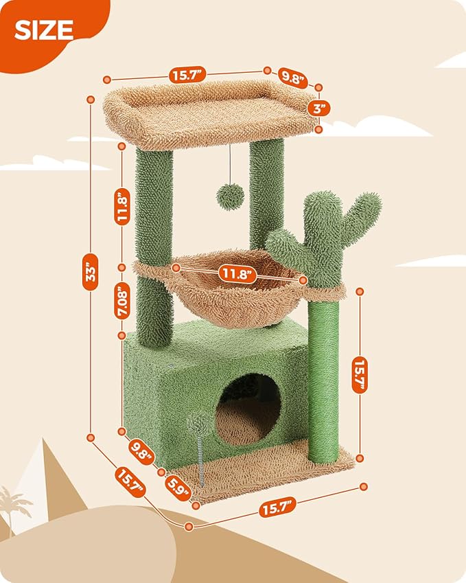 PEQULTI 4-in-1 Cactus Cat Tree, 33'' Cat Tower for Indoor Cats with Large Condo, Cat Scratching Post for Cats with Deep Hammock& Cozy Top Perch,Green