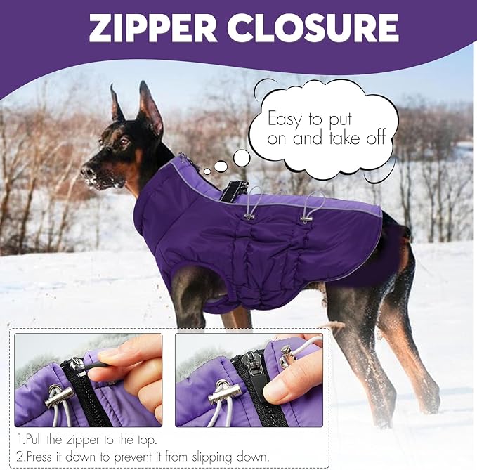 IDOMIK Warm Dog Coat with Harness Built-in, Thick Fleece Dog Winter Jacket with High Collar&Zipper, Waterproof Reflective Dogs Cold Weather Coats for Large Dogs, Pet Snow Jacket Vest(Purple,2XL)
