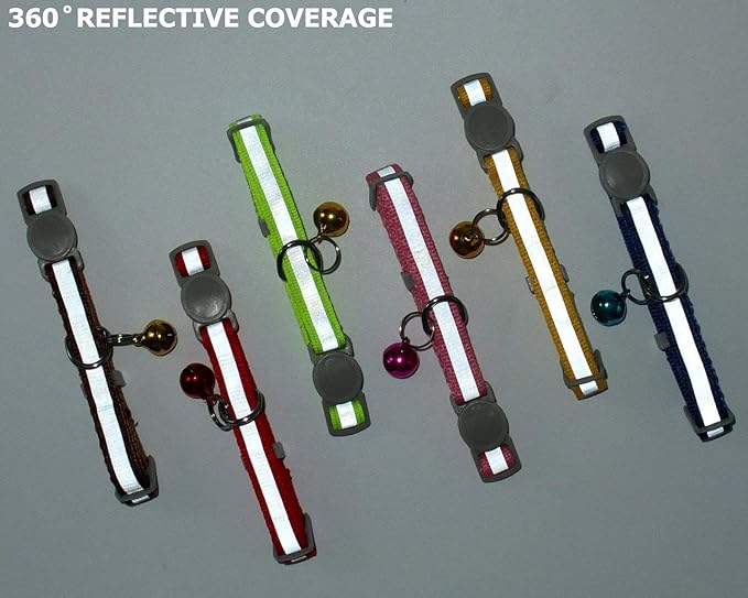 Custom Breakaway Cat Collars with Bell - Engraved Stainless Steel No Noise Slide-On Identification Tags On Collar - Up to 3 Lines of Personalized Text (Reflection)