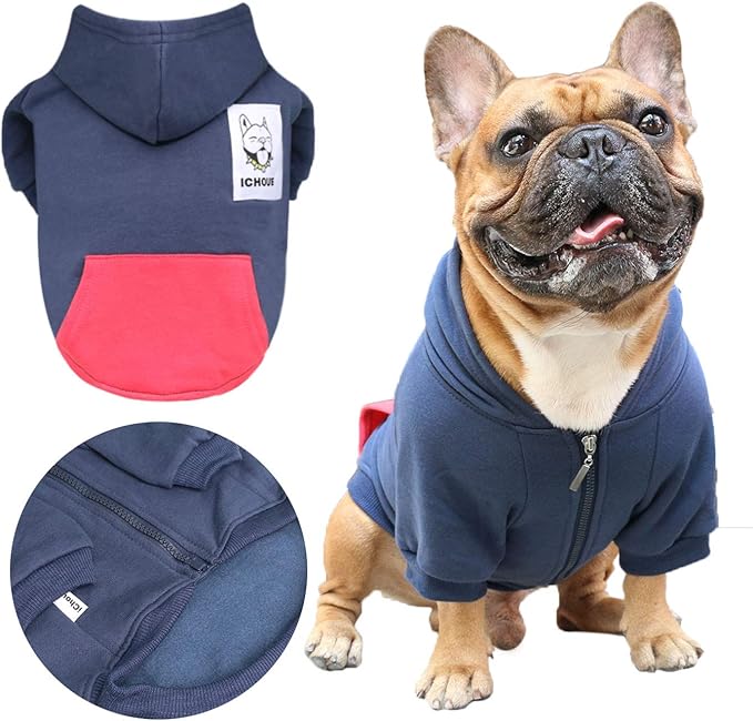iChoue Pug Clothes Hoodies for Dogs Puppy French Bulldog Frenchie English Boston Terrier Bully Pitbull Sweatshirt Sweater Clothing Cold Weather Winter Coats - Navy/Small