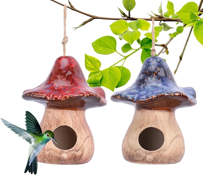 Yinns Birdhouses - Hanging Bird House, Set of 2 Bird Houses for Outside, Decorative Mushroom Bird House Blue and Red Ceramic Birdhouses for Wild Birds, Finch, Cardinal, and Bluebird