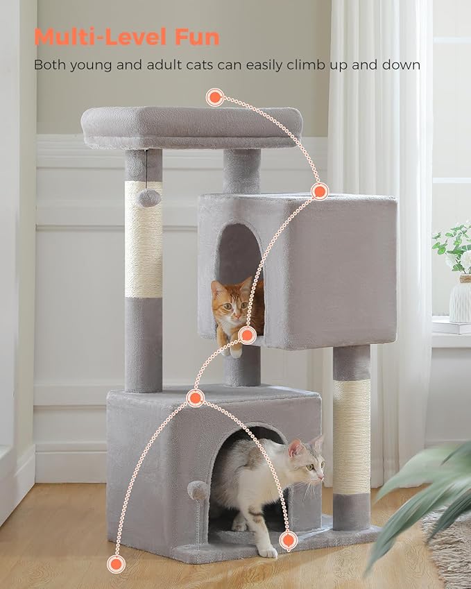 XL Cat Tower 44" Cat Tree for Large Cats 20 lbs+, 2 Spacious Condos with 3.4" Thickened Scratching Post, Large Top Perch, 2 Interactive Toys, Grey