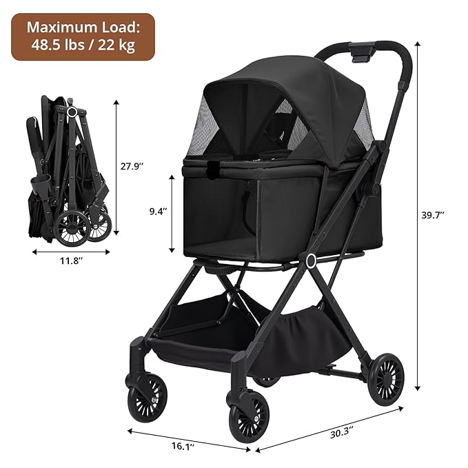 4-Wheel Lightweight Dog Stroller - Foldable Pet Stroller for Cats & Small to Medium Dogs Up to 50 Lbs, with 360° Swivel Wheels, Foot Brake, Weather & Escape Proof Design