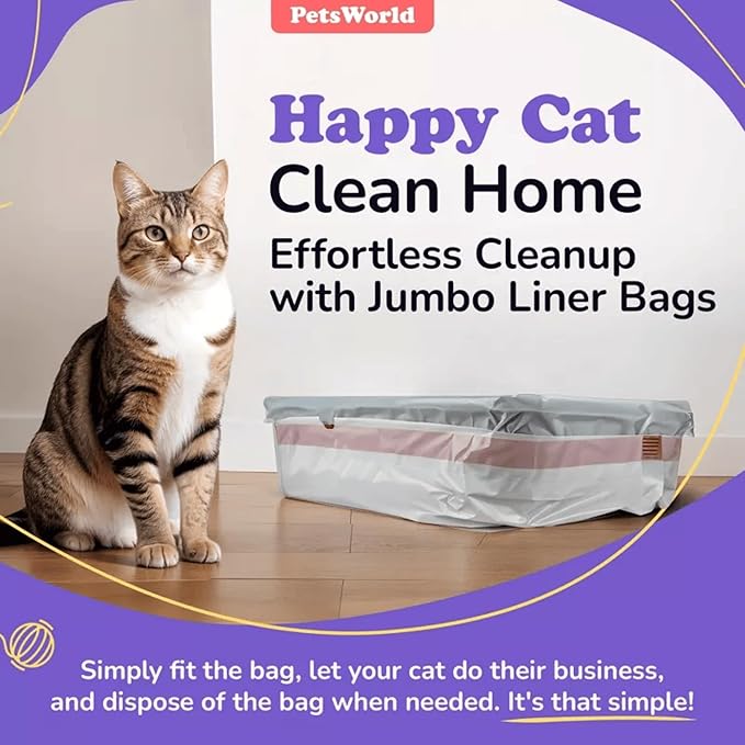 PETSWORLD Cat Litter Box Liners, Heavy Duty Litter Pan Liners Bags with Drawstring for Pet Cat Litter Tray (Unscented) (JUMBO - 45 x 18 Inches, 100 Count)
