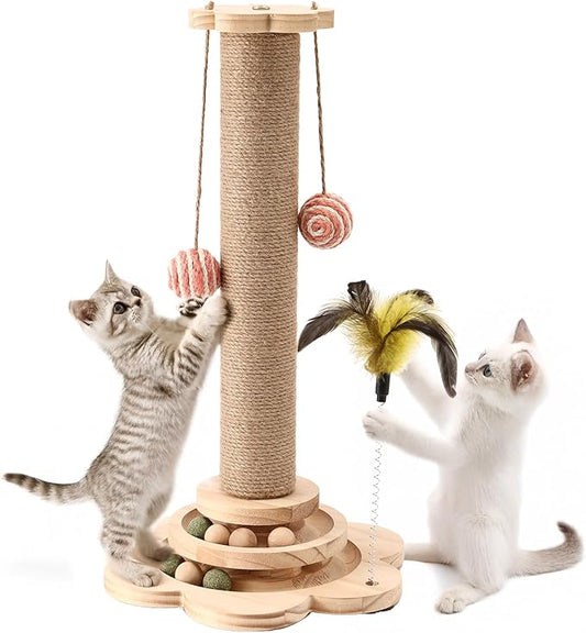 Kitten Small Cat Scratching Post Sisal Scratch Post for Indoor Cat with Hanging Ball,Solid Wooden 2 Level Track,Interactive Cat Toy