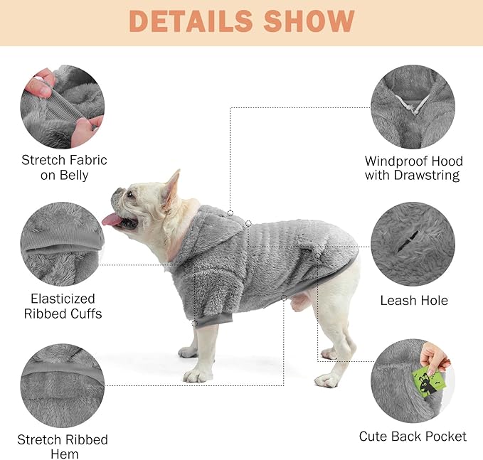 SCENEREAL Fuzzy Hoodie for Small to Large Dogs, Warm Fleece Dog Sweatshirt with Pocket, Winter Coat Clothes - Male/Female Dog Outfit with Leash Hole