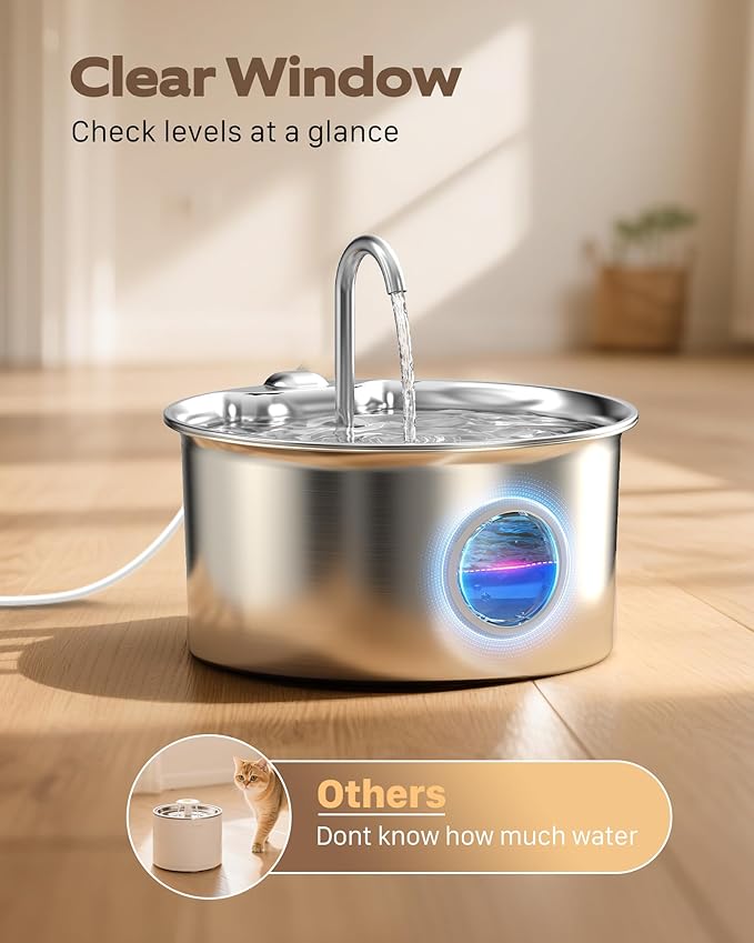 Stainless Steel Cat Water Fountain: Cat Fountain for Drinking - 88oz/2.6L Pet Water Fountain for Cats Inside- Silent Cats Water Bowl Dispenser - Kitty Drinking Fountains - 6 Filters + 3 Sponges