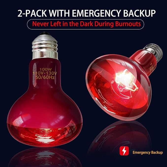 Reptile Heat Lamp, 100W Heat Lamp for Lizard & Reptile Night Heat Bulb - 2-Pack Infrared Light Bulb with Voltage Protection (110-130V, No UVB, E26/E27 Base)
