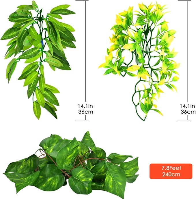 KATUMO Reptile Plants, 3 PCS Amphibian Hanging Plants with Suction Cup for Lizards, Geckos, Bearded Dragons, Snake, Hermit Crab Tank Pets Habitat Decorations