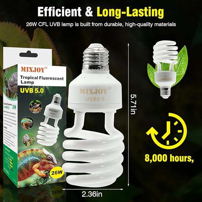 MIXJOY UVB Bulbs for Reptiles 5.0, 26W Tropical UVA UVB Light, Compact Fluorescent UVB Lamp for Reptiles, UVB Light for Chameleons,Turtles and Other Lizards