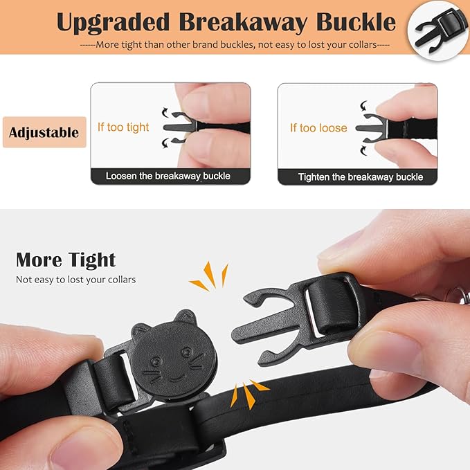 Upgrade Breakaway Cat Collar with Bells, Soft Leather Kitten Collars with Name Tag,Safety Adjustable Buckle,Lightweight,Ideal for Girl Boy Cats, Black+Brown