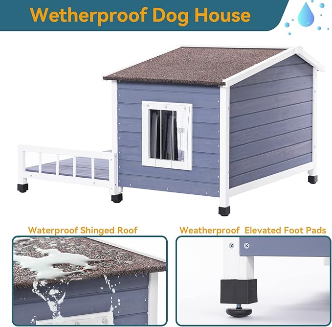 Petsfit Dog House Outdoor 40" L x 47" W x 28.5" H with Terrace & Openable Asphalt Roof, Outside Dog House with Elevated Floor, Dog House for Medium Dogs