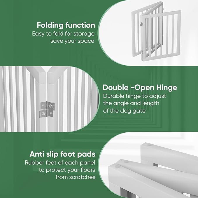 Dog Gate, Bamboo Freestanding Dog Gates for Doorways, Foldable Dog Gate Indoor, Pet Gates for Doorways Bedroom, Puppy Gate with Metal Support Feet, Room Divider 3 Panels (White)