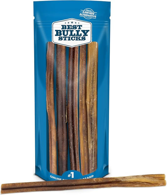 Best Bully Sticks Thick 12 Inch Bully Sticks for Dogs - 5 Count (Pack of 1) - Natural Grass-Fed Beef, Single Ingredient, Grain and Rawhide Free - Large Breeds