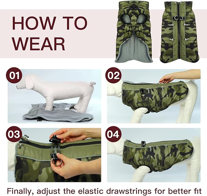 Dog Coat - Warm Zip Up Snowsuit for Large Dogs, Reflective, Water-Resistant, Camouflage