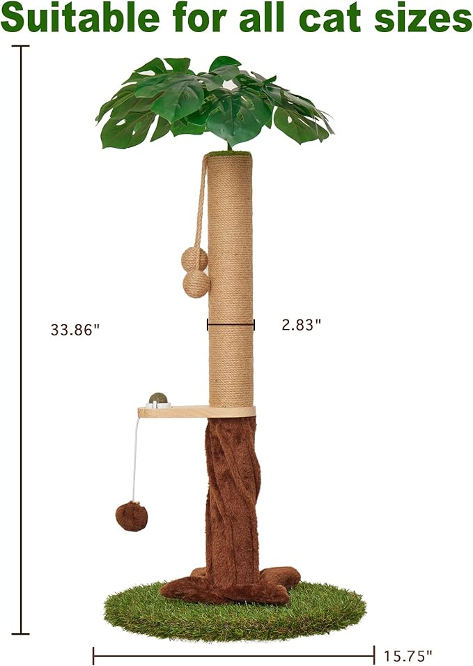 33.86" Tall Cat Scratching Posts with Sisal Rope, Dangling Balls and Natural Healthy Catnip Balls, Cat Scratcher with Extra Cat Energy Ball for Indoor Cats Adults and Kitten