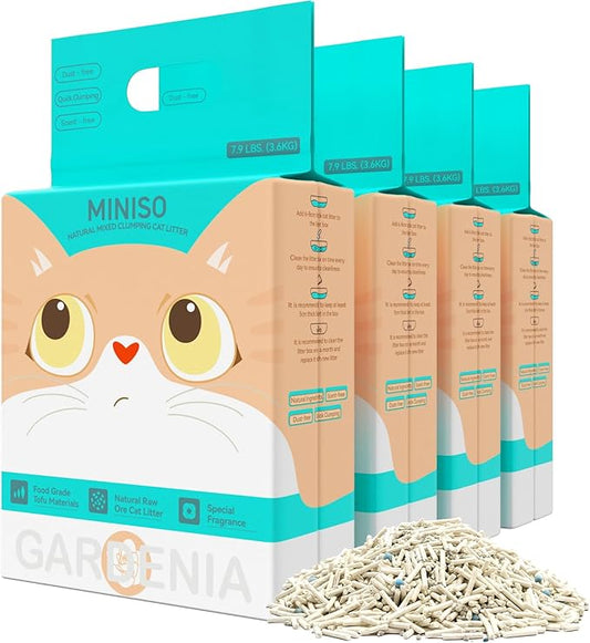 MINISO Clumping Cat Litter, Tofu+Bentonite+Cassava, Odor Control, Rapid Clumping, Water Absorbent and Toilet Flushable, Multi-Cat, Gardenia Style, 31.6lb (4 Pack of 7.9lb Bags)