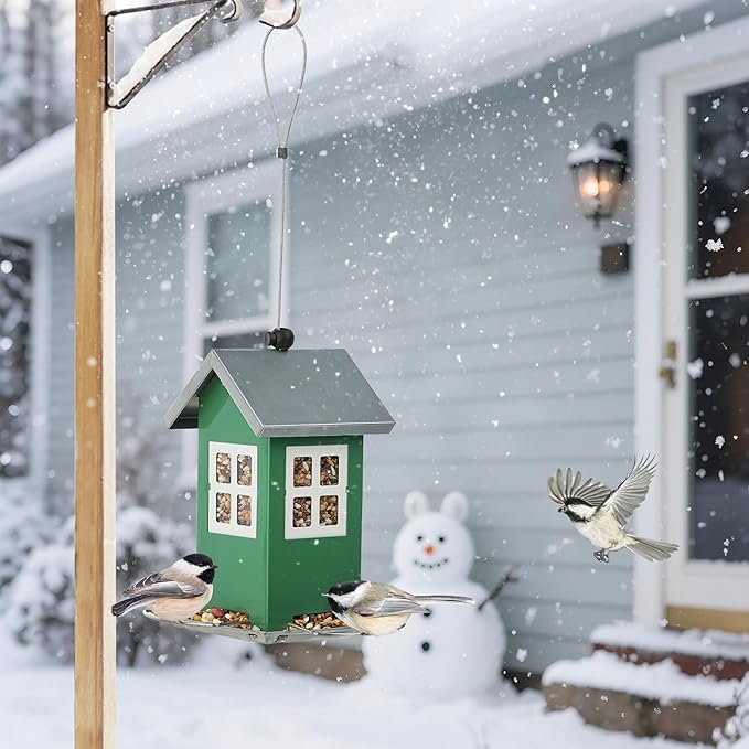 Small Metal Bird Feeders for Outdoors, Cute House Shape Bird Feeder with Window Design, Garden Terrace Hanging Birdfeeder for Finch Sparrow Warblers Little Birds - Premium Green