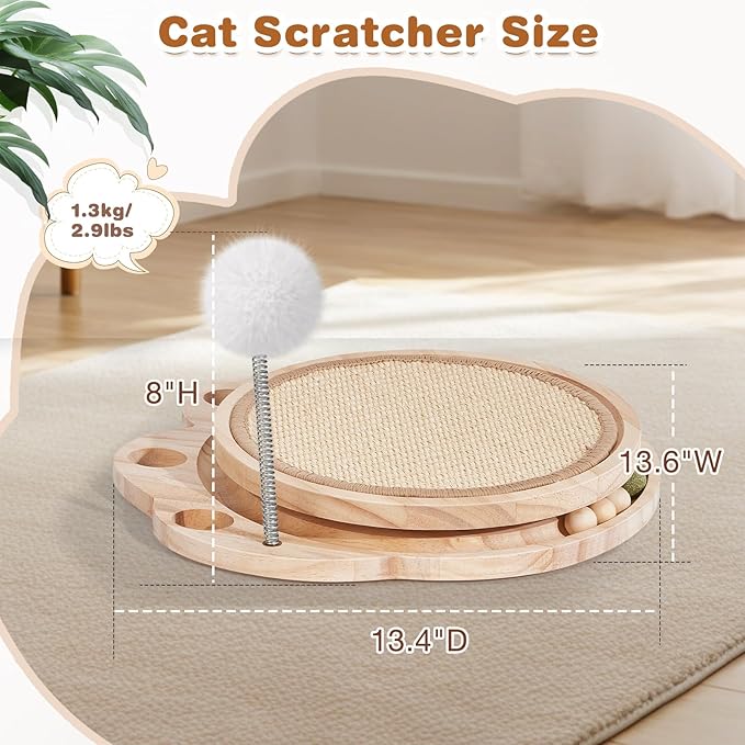 Cat Scratcher for Indoor Cats, Sisal Cat Scratching Pad, 2-Tier Kitten Toys with Wooden Ball Track & Spring Ball -No Assembly Cats Activity Center