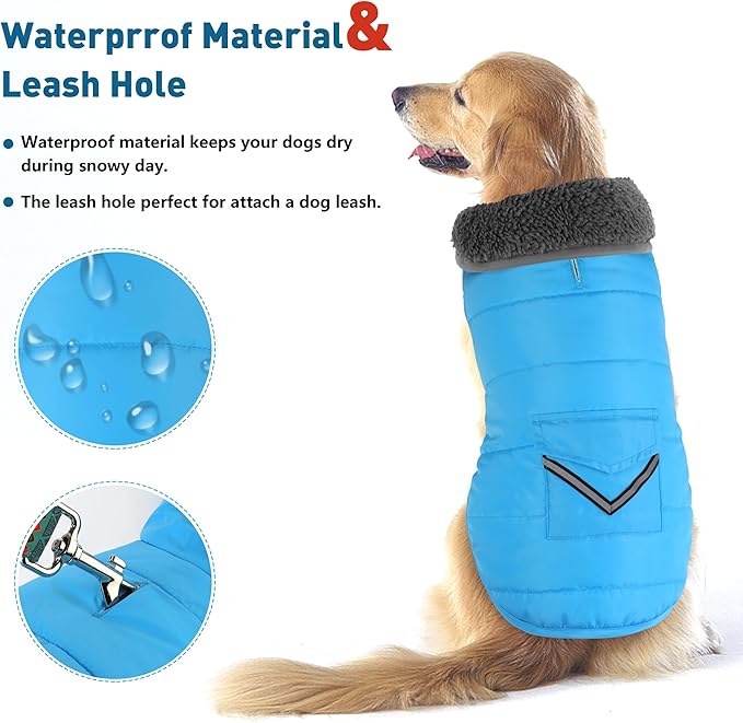 Dog Coat, Waterproof Dog Winter Jacket with Pocket, Reflective Adjustable Pet Snow Vest, Warm Cozy Fleece Sweater for Small Medium Extra Large Dogs - Sky Blue, L