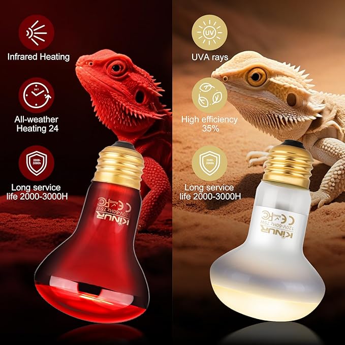 KINUR 2 Pack 75W Reptile Heat Lamp Bulbs, Reptile Day and Night Basking Spot Bulb Combo Amphibian Infrared Heat Lamp Bulb/UVA Basking Spot Daylight Heating Light Bulb